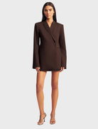Ristretto-colored double-breasted blazer, showcasing a sophisticated cut and refined style suitable for professional settings.