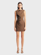 Asher Draped Mini Dress in Saddle color, featuring a stylish draped design and a flattering silhouette.