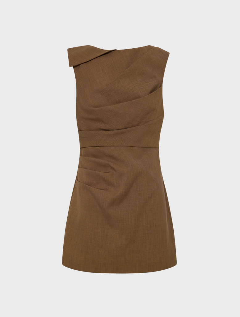 Asher Draped Mini Dress in Saddle color, featuring a stylish draped design and a flattering silhouette.