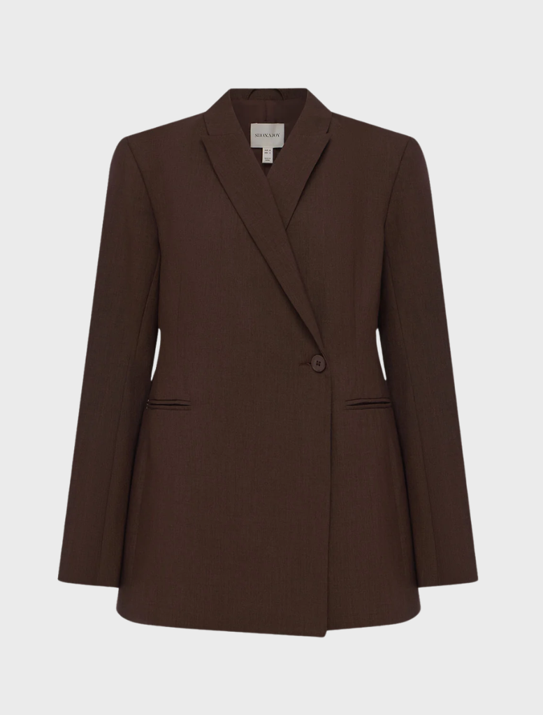 Tailored double-breasted blazer in rich Ristretto shade, perfect for enhancing formal attire with a touch of sophistication.