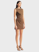 Asher Draped Mini Dress in Saddle, designed with a sophisticated drape and a modern mini length for a trendy look.