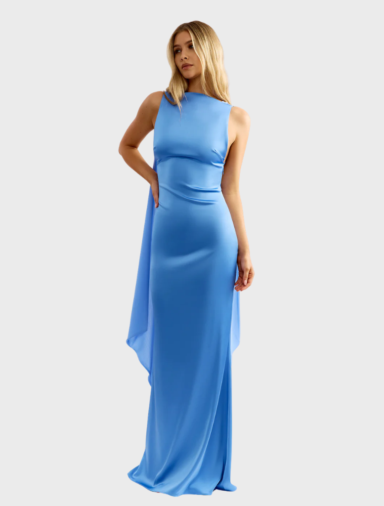 Chic ocean blue Audrey dress with a structured bodice and a soft, flowing skirt, perfect for elegant gatherings.
