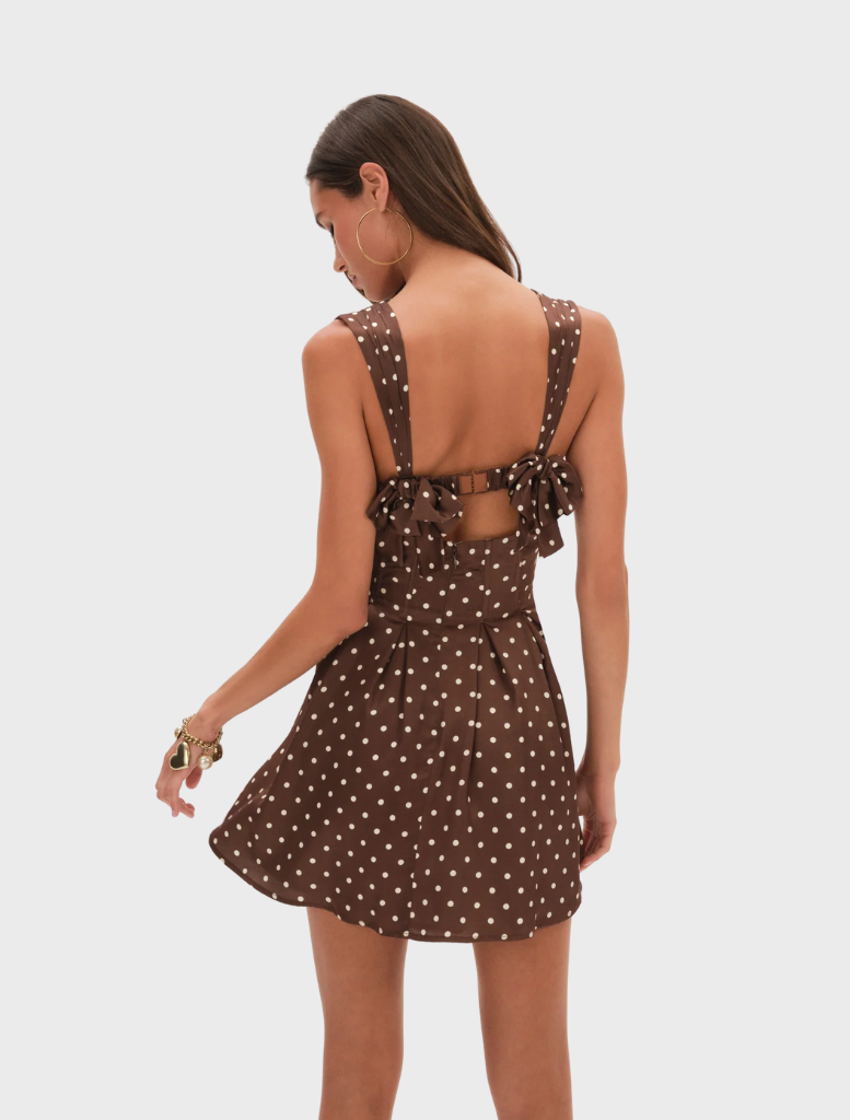 Trendy chocolate mini dress for August, featuring a sleek design and short sleeves, perfect for summer events.