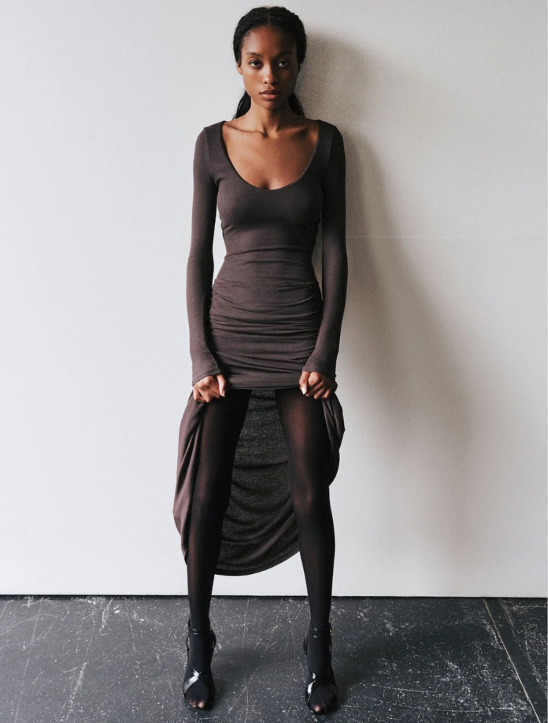 Auri Maxi Dress in Smoke color, featuring a flowing design and elegant silhouette suitable for various occasions.