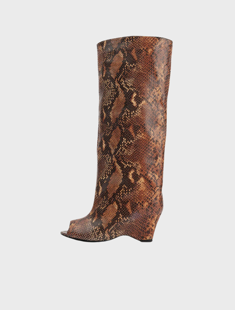 Ayla in a mocha snake pattern, showcasing a stylish and elegant design for a modern look.
