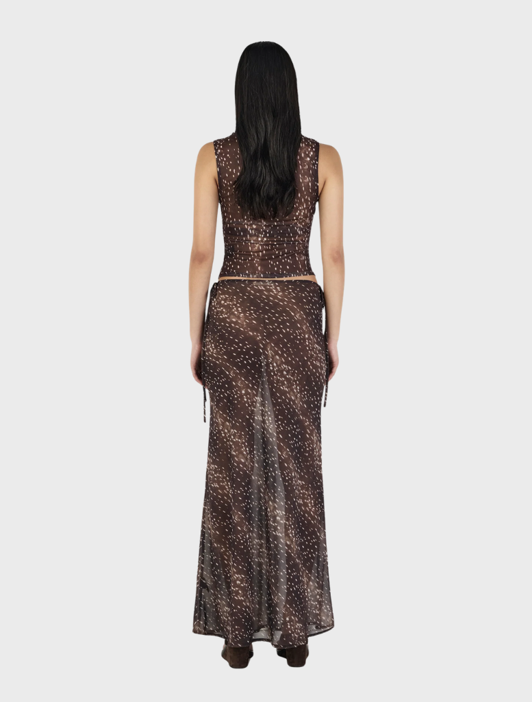 Bambi-patterned Kahlo Skirt, designed with a colorful, flowing silhouette ideal for various occasions and styles.