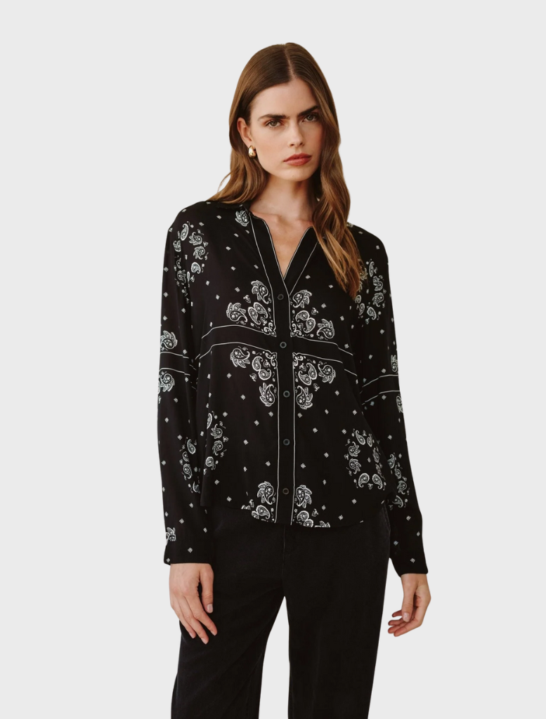 Stylish button-down shirt adorned with a bold bandana print, showcasing intricate patterns in blue and white