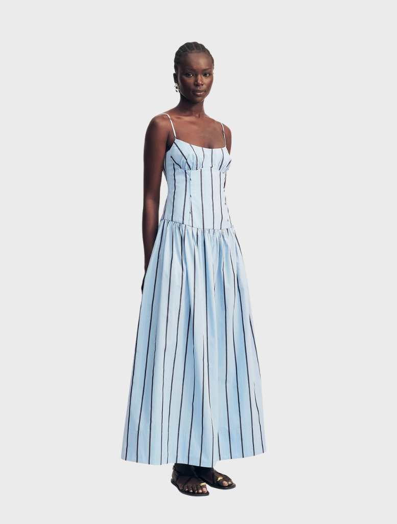 Saxon maxi dress with a bustier top and panelled design, showcasing a trendy bather stripe for a fashionable look.