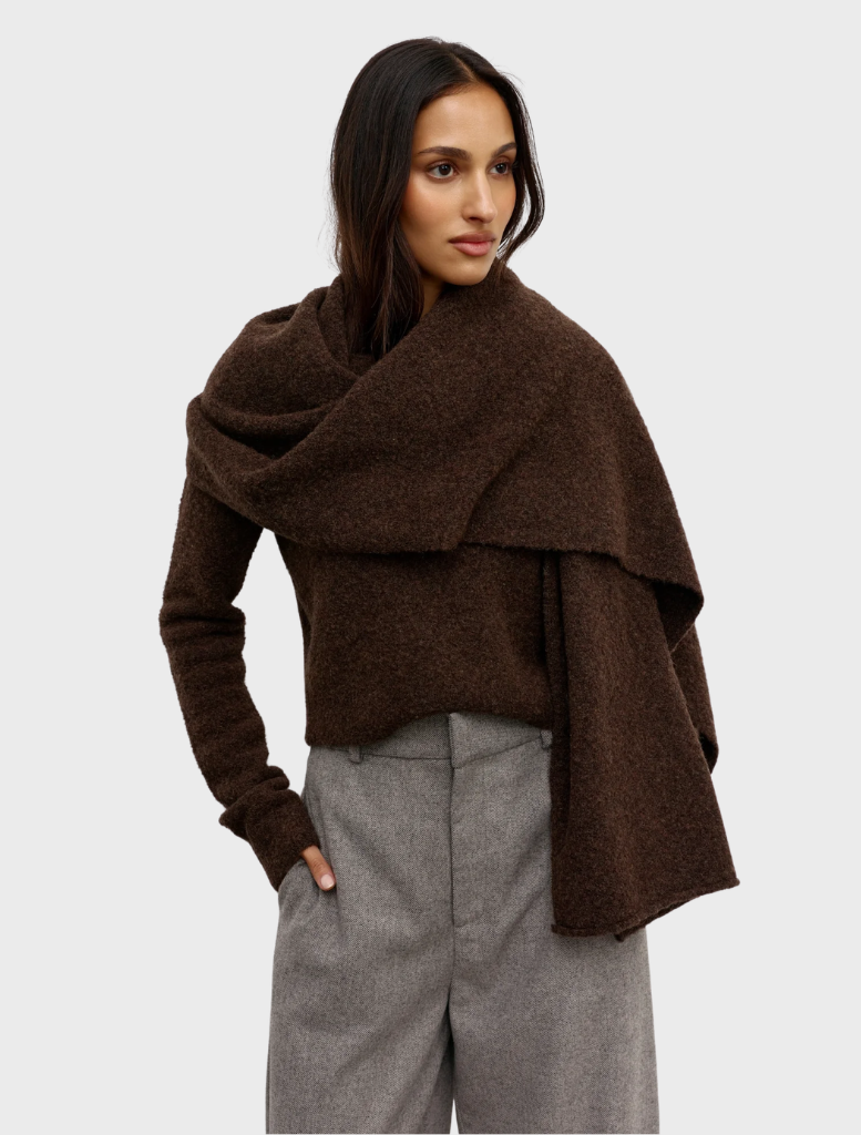 A warm scarf showcasing a bear pattern, designed for both comfort and fashionable winter wear.
