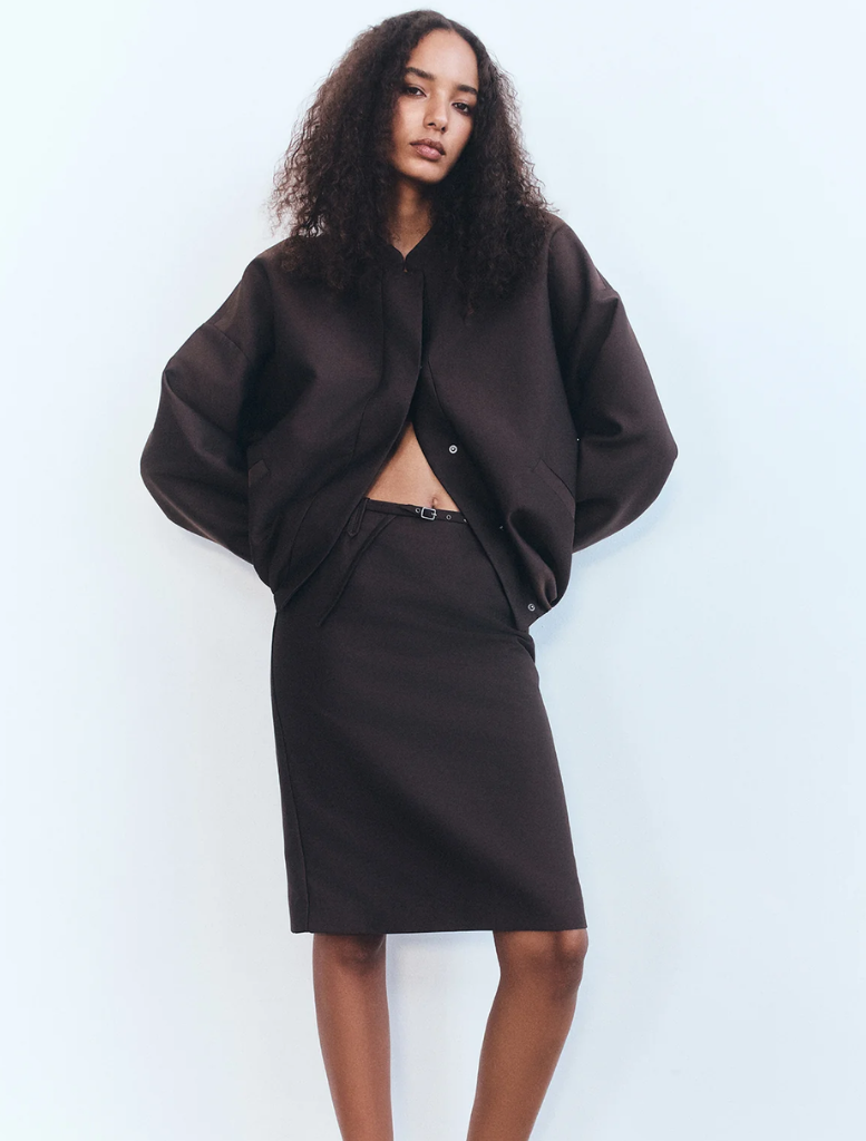 A belted midi skirt in Ristretto color, featuring a stylish design suitable for various occasions.