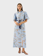 Elegant Berkeley Dress in Fortuna pattern, featuring a flowing silhouette and vibrant colors, perfect for any occasion.