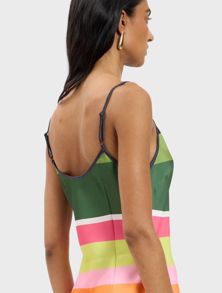 Stylish emerald stripe mini dress with a flattering cut and short sleeves, ideal for summer outings or parties.