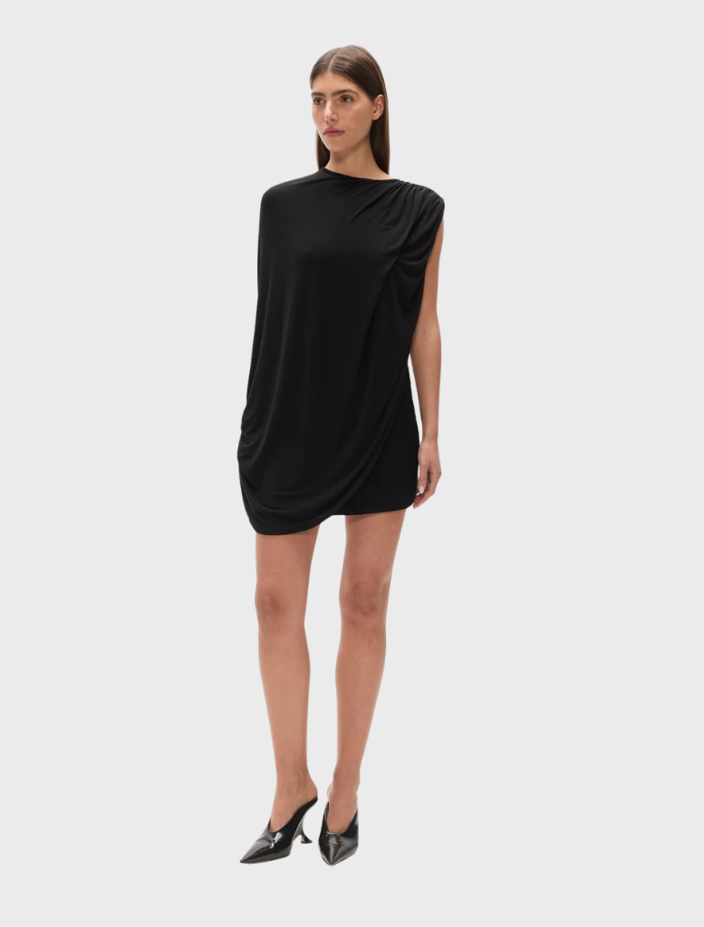 A sleek black bodysuit named "Birdie" displayed on a mannequin against a neutral background.
