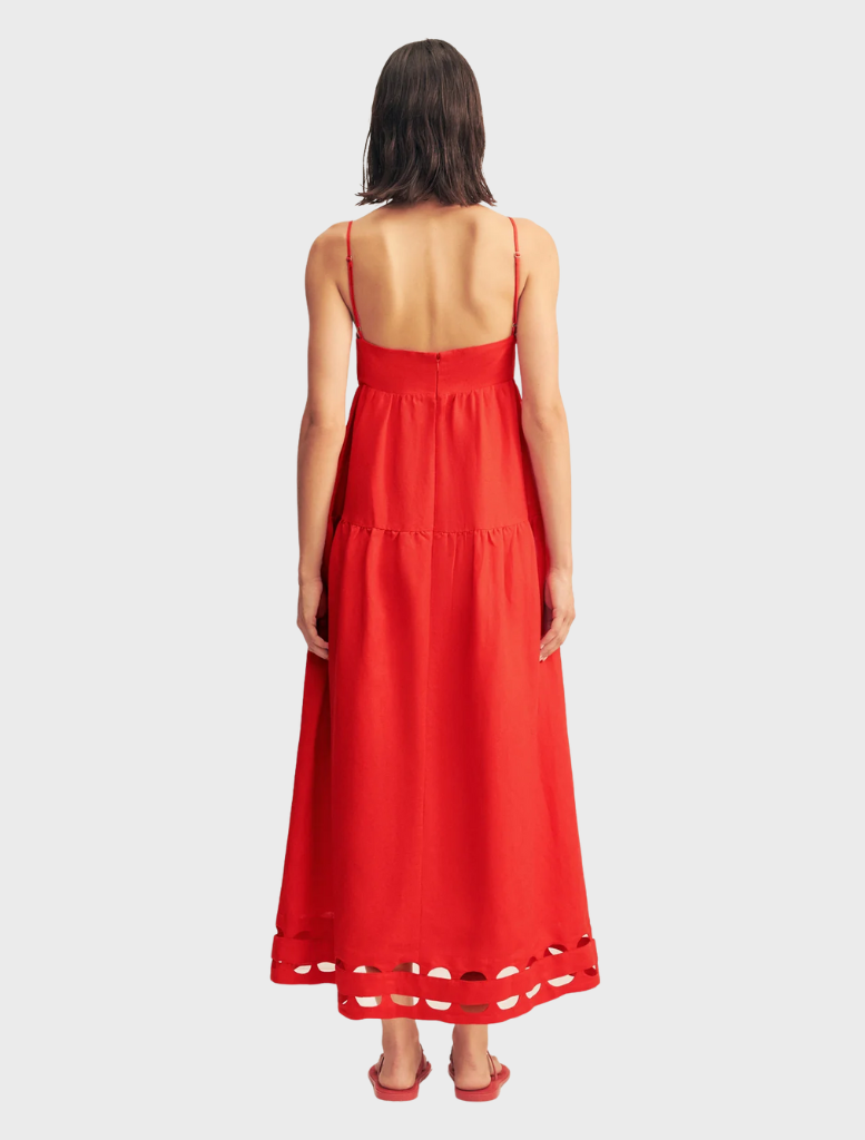 Red rose tiered midi dress with scalloped detailing, perfect for adding elegance to your summer wardrobe.