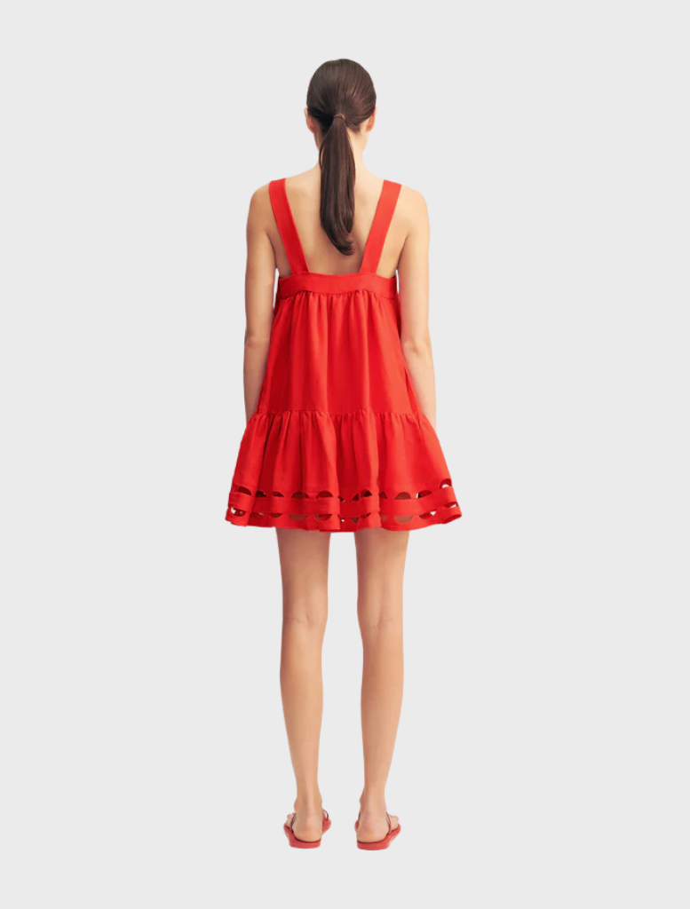 Red rose birdie mini dress with scalloped tiers, combining style and femininity in a tiered design.