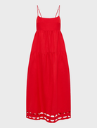 Stylish red rose tiered midi dress with scalloped detailing, suitable for both casual and formal occasions.