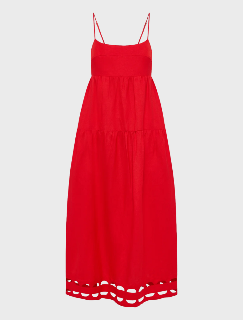 Stylish red rose tiered midi dress with scalloped detailing, suitable for both casual and formal occasions.