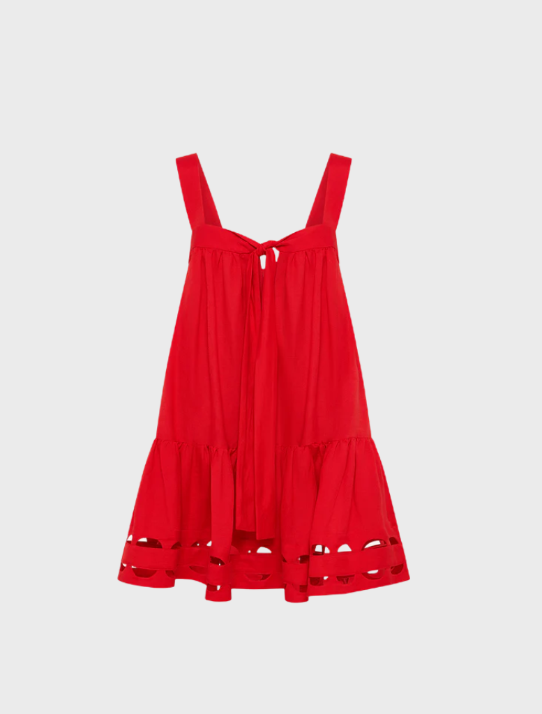 A red rose mini dress with scalloped tiers, showcasing a playful and elegant design perfect for various occasions.