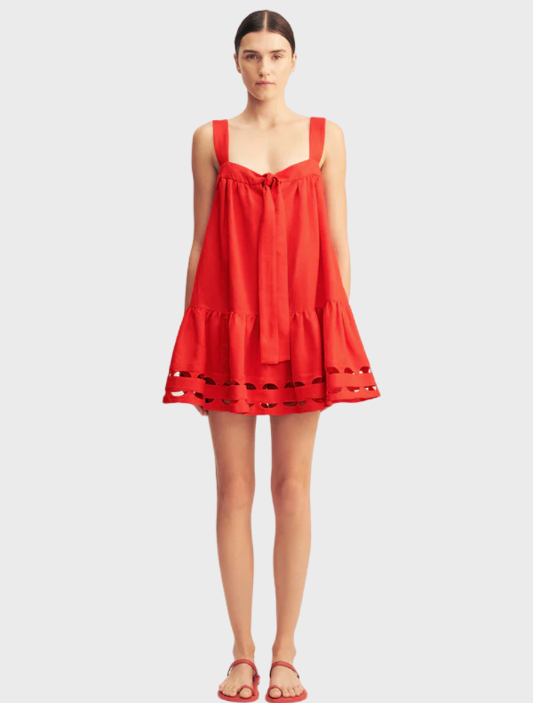  Red rose birdie scallop tiered mini dress featuring layered ruffles and a feminine silhouette.