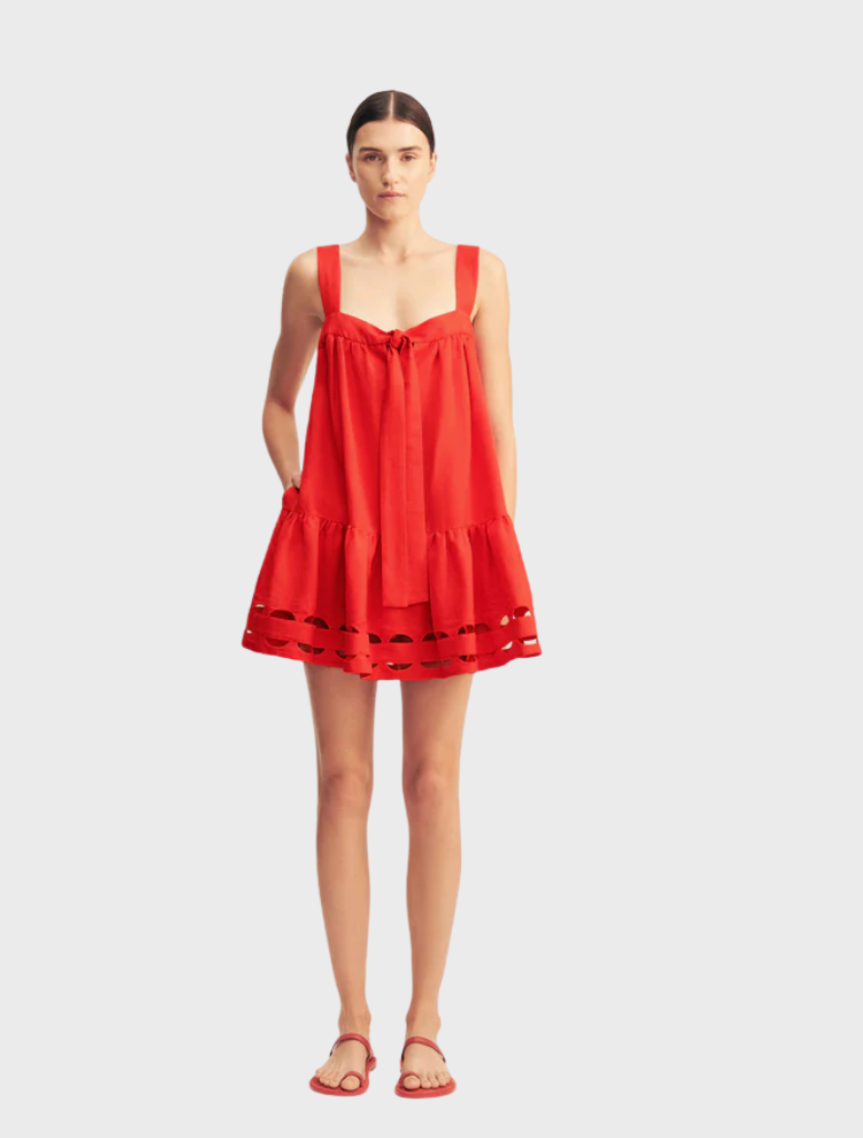 Red rose birdie scallop tiered mini dress featuring layered ruffles and a feminine silhouette.