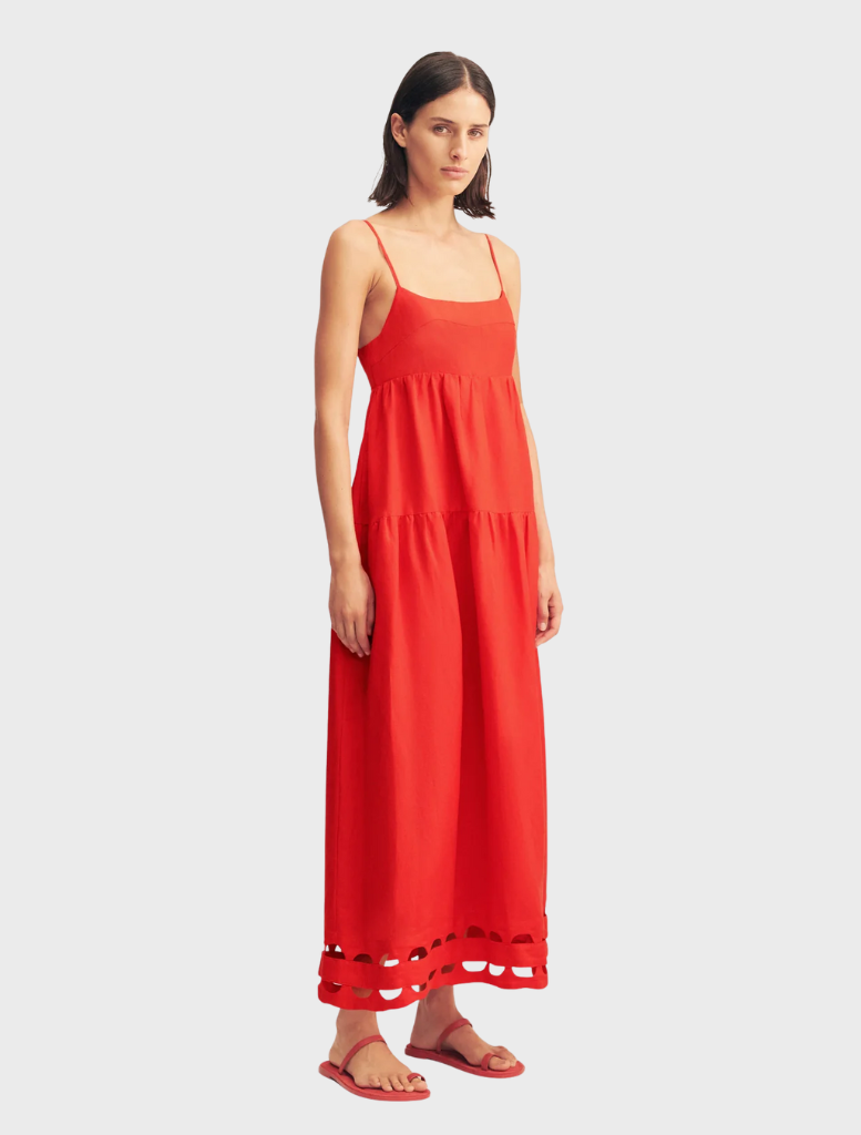 Scallop tiered midi dress in red rose, designed for a chic and sophisticated look at any summer event.