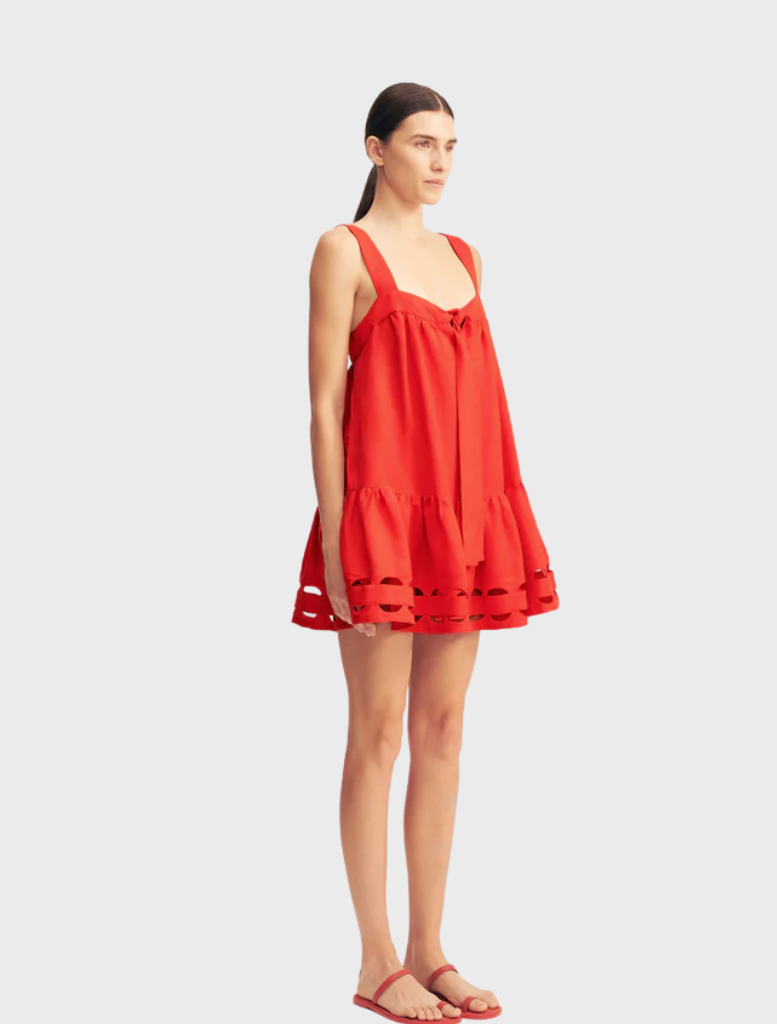 Scallop tiered mini dress in red rose, designed with layers for a stylish and charming look.