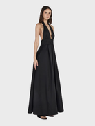 Chic black Evalina Taffeta gown with a flattering fit and elegant fabric, designed for formal wear.