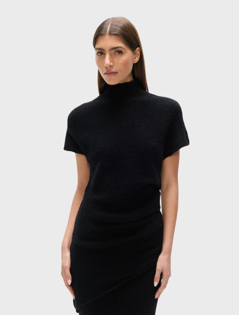 Close-up of a black Evren knit top, highlighting its fabric and elegant neckline.