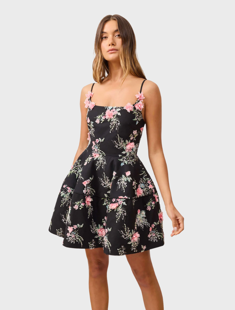 Elegant black mini dress with a floral design, perfect for casual outings or special occasions.