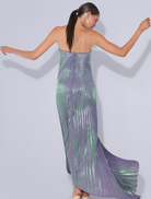 Classic black tie gown with a strapless neckline and V detail, designed for elegance and fluidity at formal occasions.