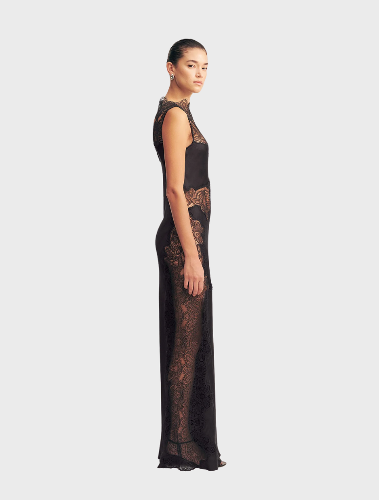 Black high neck maxi dress featuring intricate lace detailing, elegant silhouette, and flowing skirt for a sophisticated look.