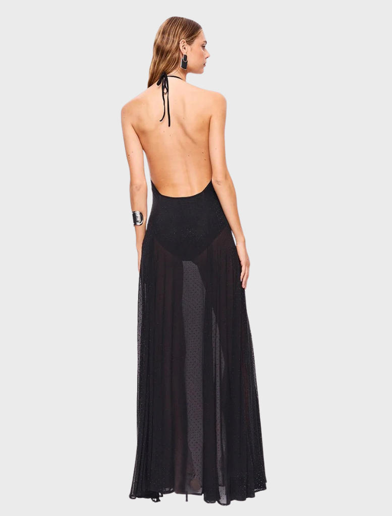 Black embellished gown with intricate detailing, designed for a formal occasion, showcasing a flattering silhouette.