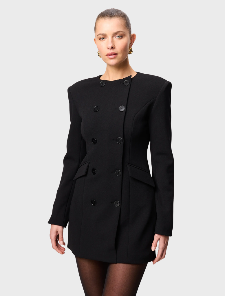 Stylish black Even Odds Mini Dress with a tailored fit and short sleeves, versatile for day or night wear.