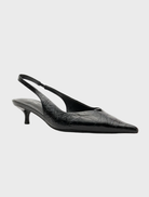 Stylish black leather sling heel shoe with a pointed toe, designed in Evette's black oily crinkle leather.