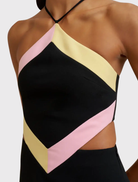 Elegant Diamond Halter Mini Dress in black, pink, and orange, showcasing a fitted design and adjustable lace-up back.