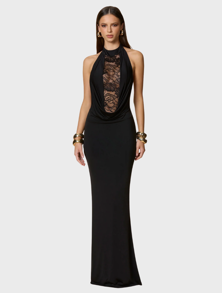Rhianna Halter's black gown showcases a timeless, elegant style with a flattering fit and refined details.