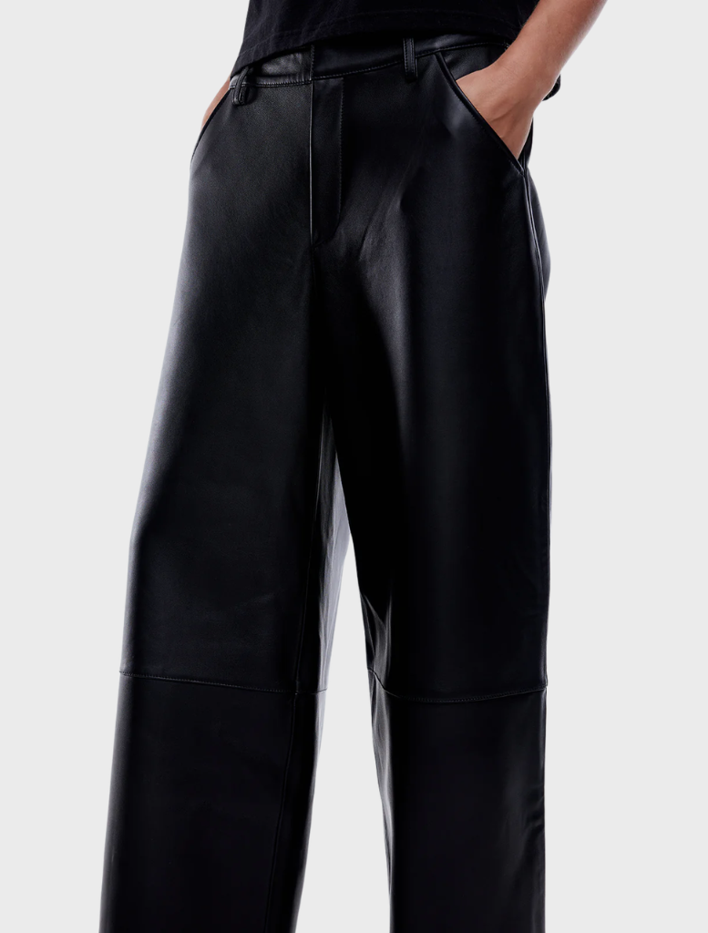 Elegant black leather pants with a tailored fit, perfect for both casual and formal occasions.