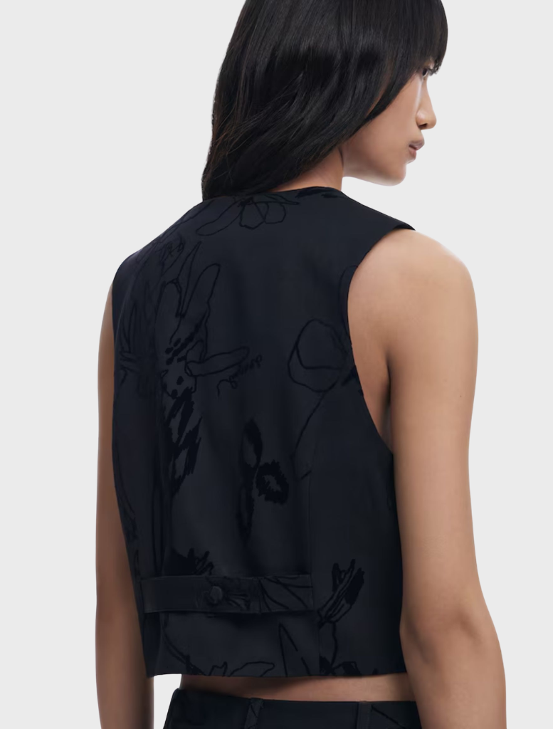 Black vest on a white background, highlighting its tailored fit and classic look for layering in any outfit.