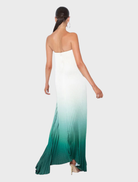 Sophisticated green milk ombre gown with a strapless neckline and flowing design, perfect for upscale evening events.
