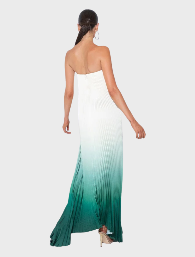 Sophisticated green milk ombre gown with a strapless neckline and flowing design, perfect for upscale evening events.
