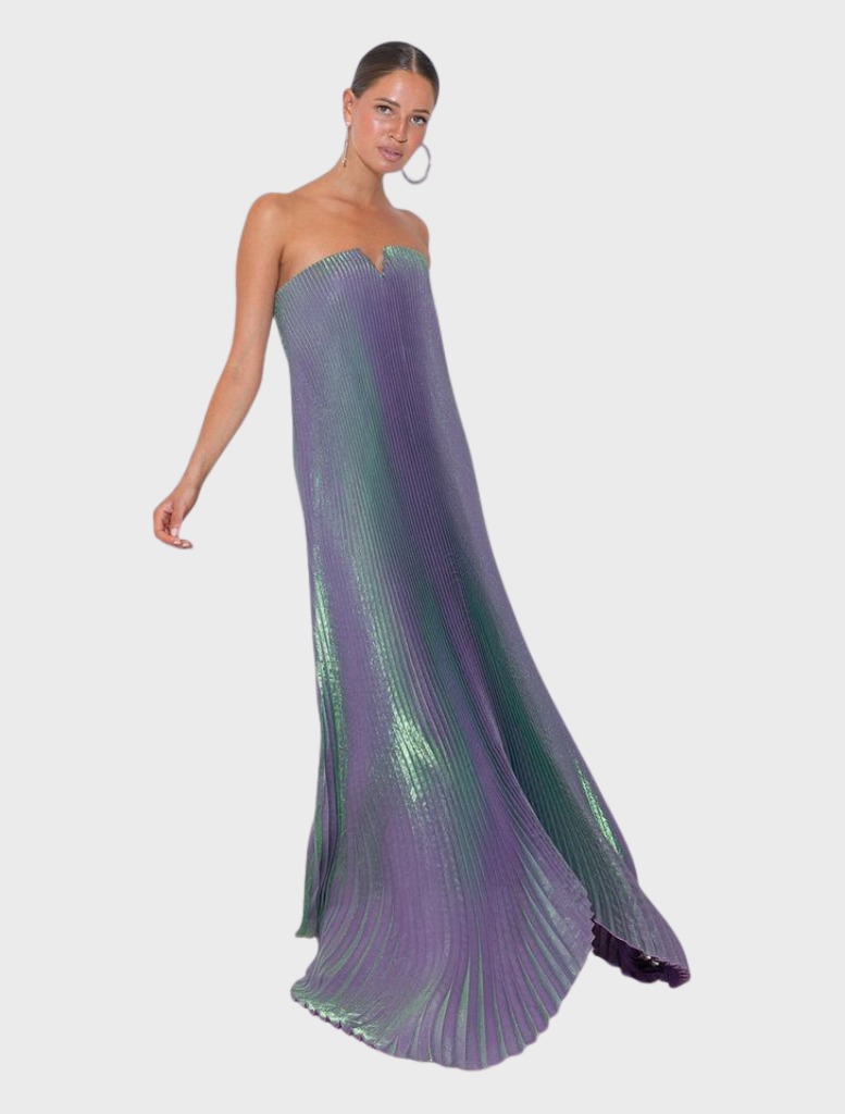 Elegant black tie gown with a strapless neckline and V detail, featuring a flowing silhouette for formal events.
