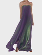 Chic black tie gown with a strapless design and V detail, offering a flowing silhouette for elegant soirées.