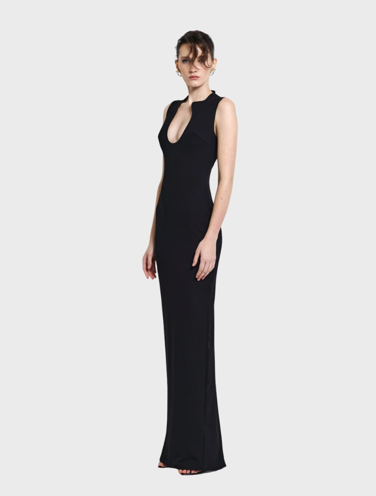 Chic black Bloom gown showcasing a sleek fit and refined accents, suitable for upscale gatherings and parties.