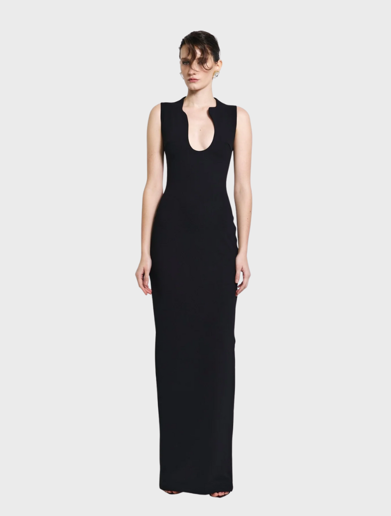 Elegant black Bloom gown featuring a flowing silhouette and delicate detailing, perfect for formal occasions.
