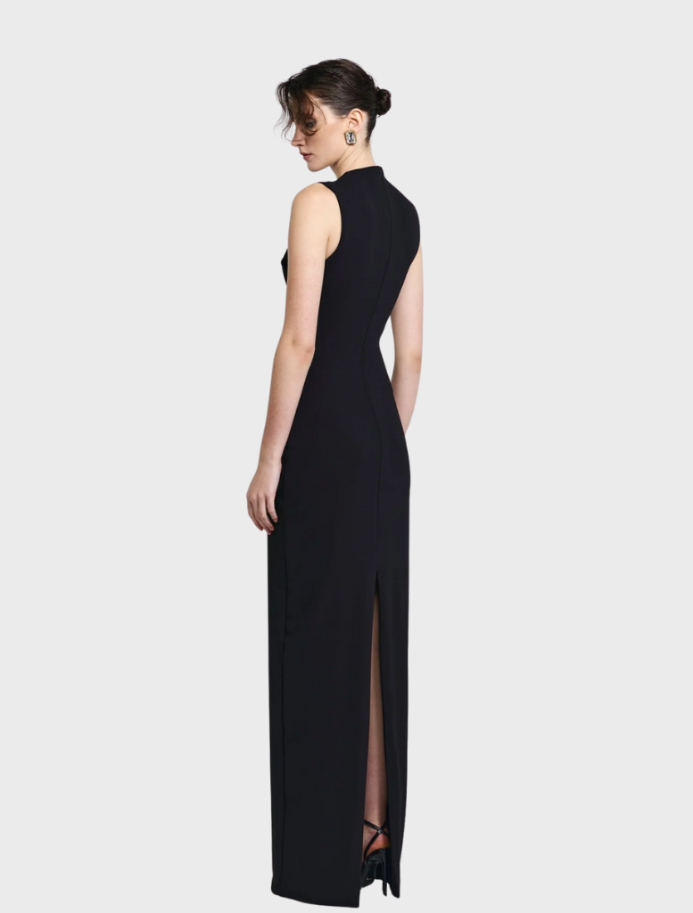 Stylish black Bloom gown characterized by its elegant lines and luxurious fabric, designed for formal wear.