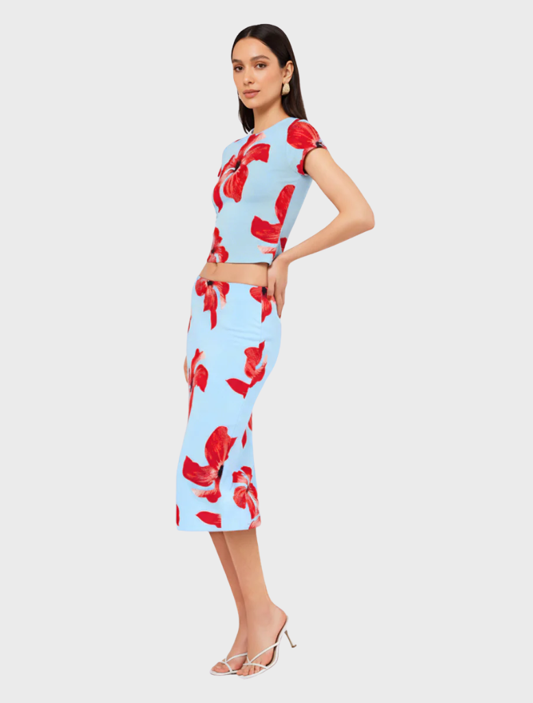 A blue and pink floral skirt with ruching details, designed for a flattering fit and elegant movement.