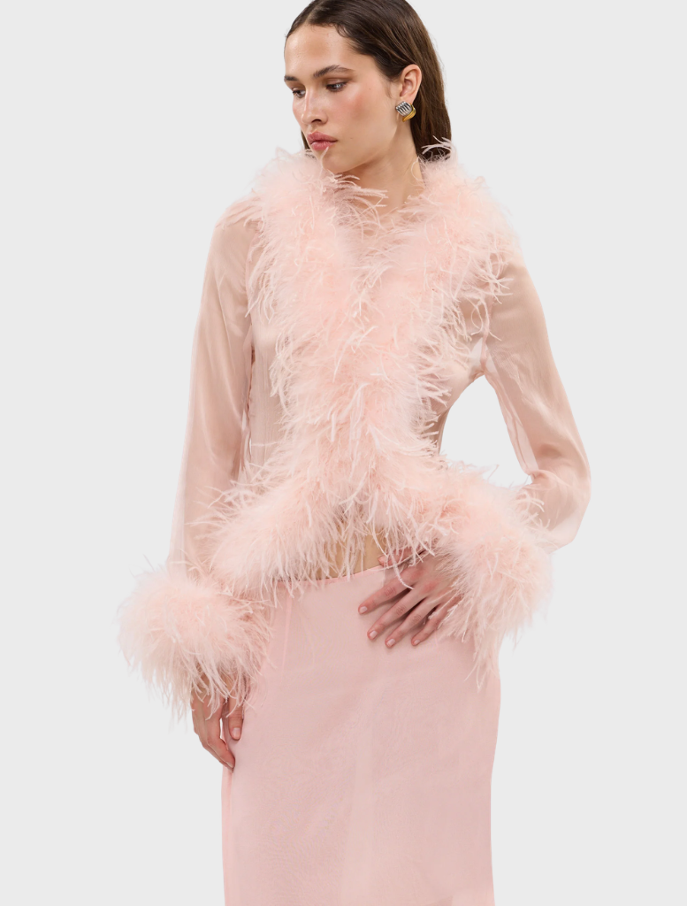 Elegant blush Gigi Sheer Feather Blouse with soft feather accents, perfect for a stylish, lightweight look.