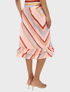 Stylish blush striped midi skirt with frills, ideal for casual or semi-formal occasions.