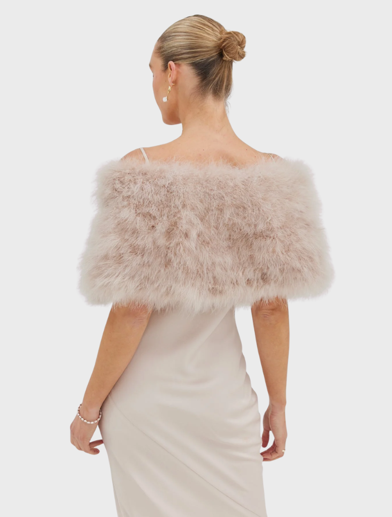 Chic Lottie Wrap in blush, made of upcycled Marabou Feather, includes a double hook-and-eye closure and satin lining.