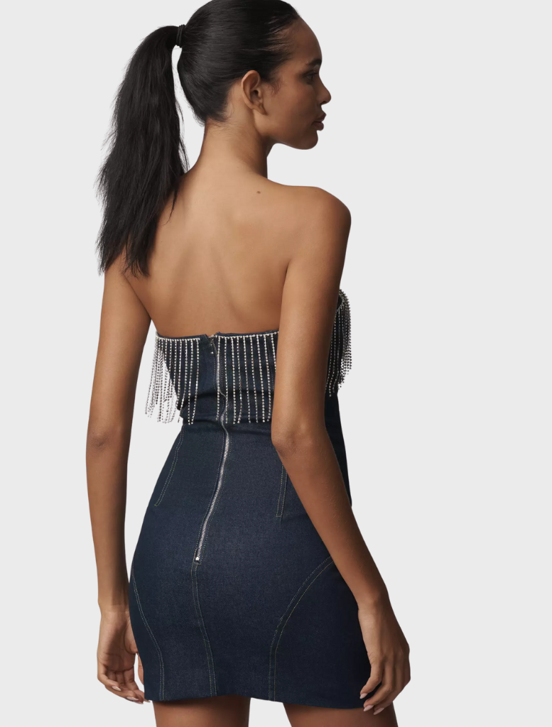 Deep blue mini dress made of denim, showcasing a fitted design and short sleeves, suitable for casual wear.